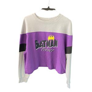 DC Batman Japanese Kanji Kawaii Purple & Gray Long Sleeve Crew Neck Crop Top XL